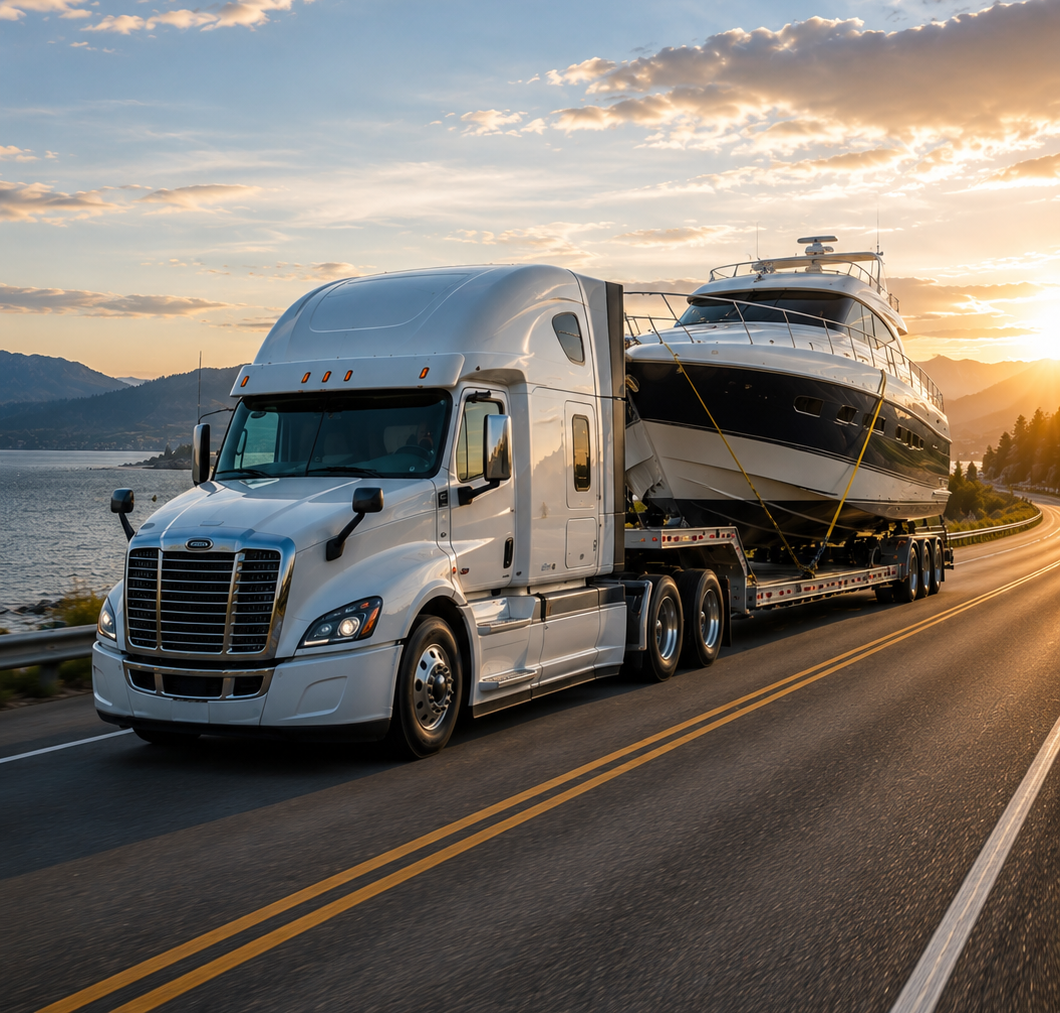 Yacht being transported on a coastal highway at sunset